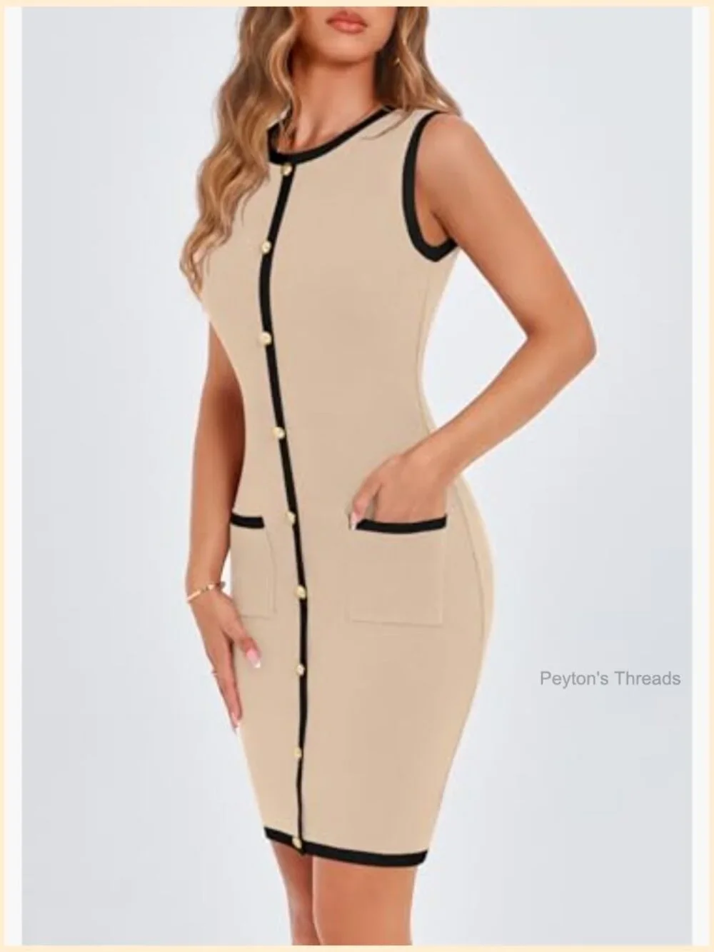 Sleeveless Crew Neck Knit Bodycon Mini Dress Patch Pockets Button Decor - Picture 6 of 7
